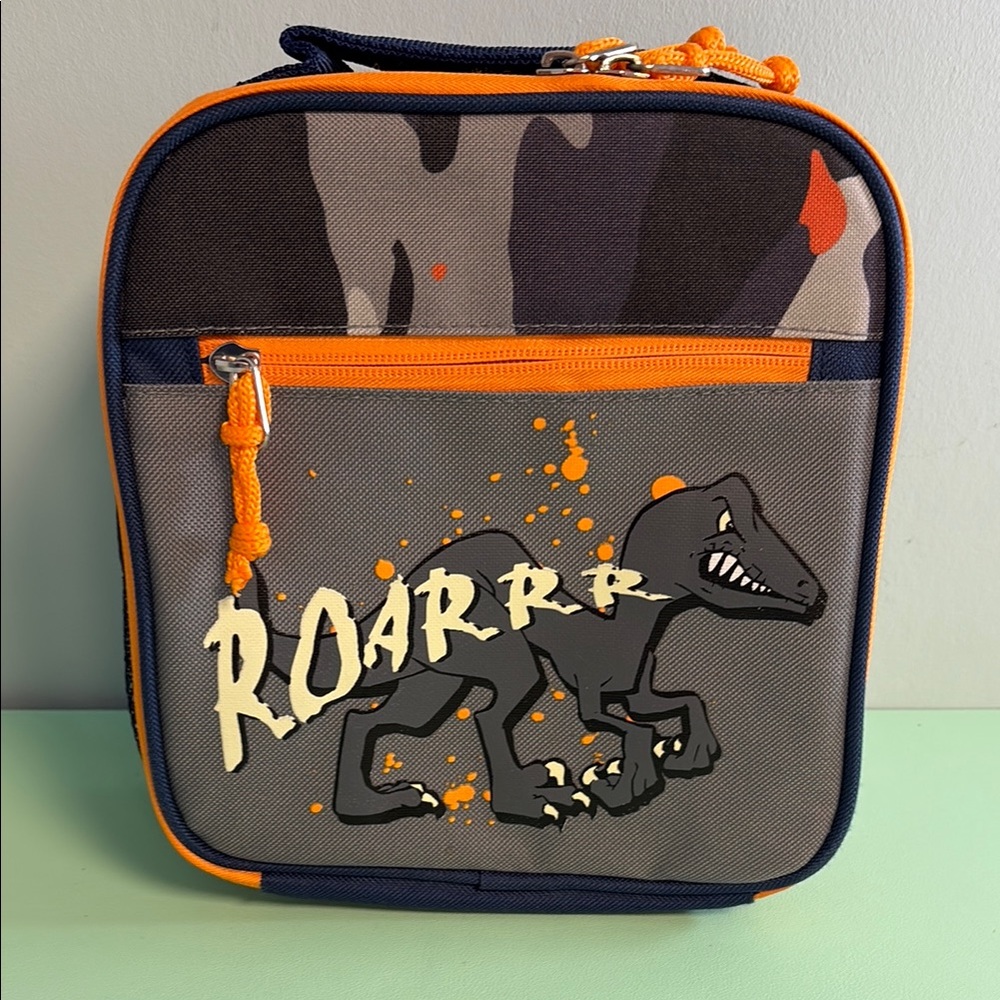 Navy & Orange Dinosaur Roarrr Insulated Kids Lunch Box with Net Pocket